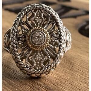 ATR 925 14K Gold Diamond Sterling Silver Ring Thailand Ornate Size 7.25